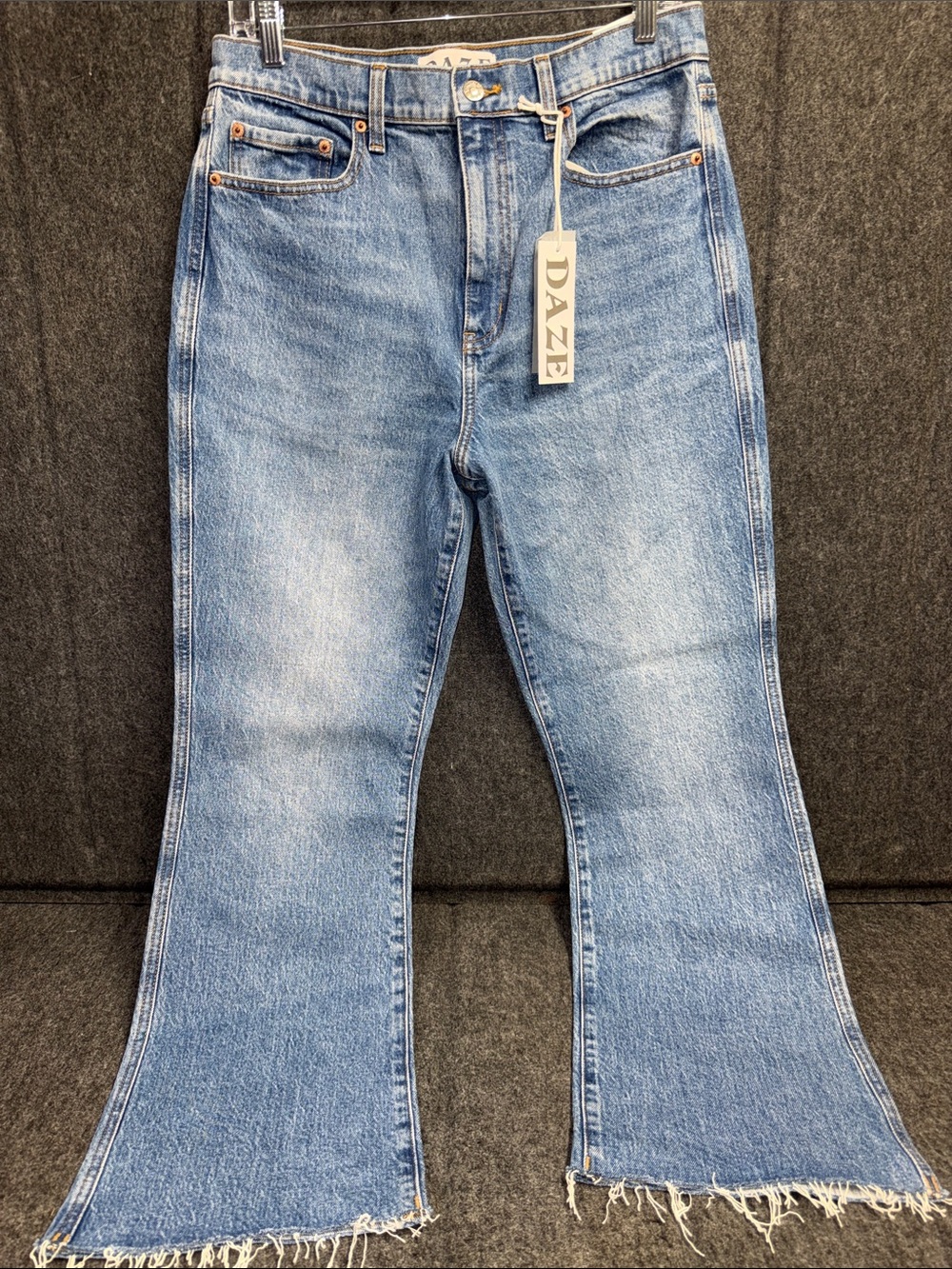 DAZE Light Blue High-Rise Flare Jeans with Frayed Hem